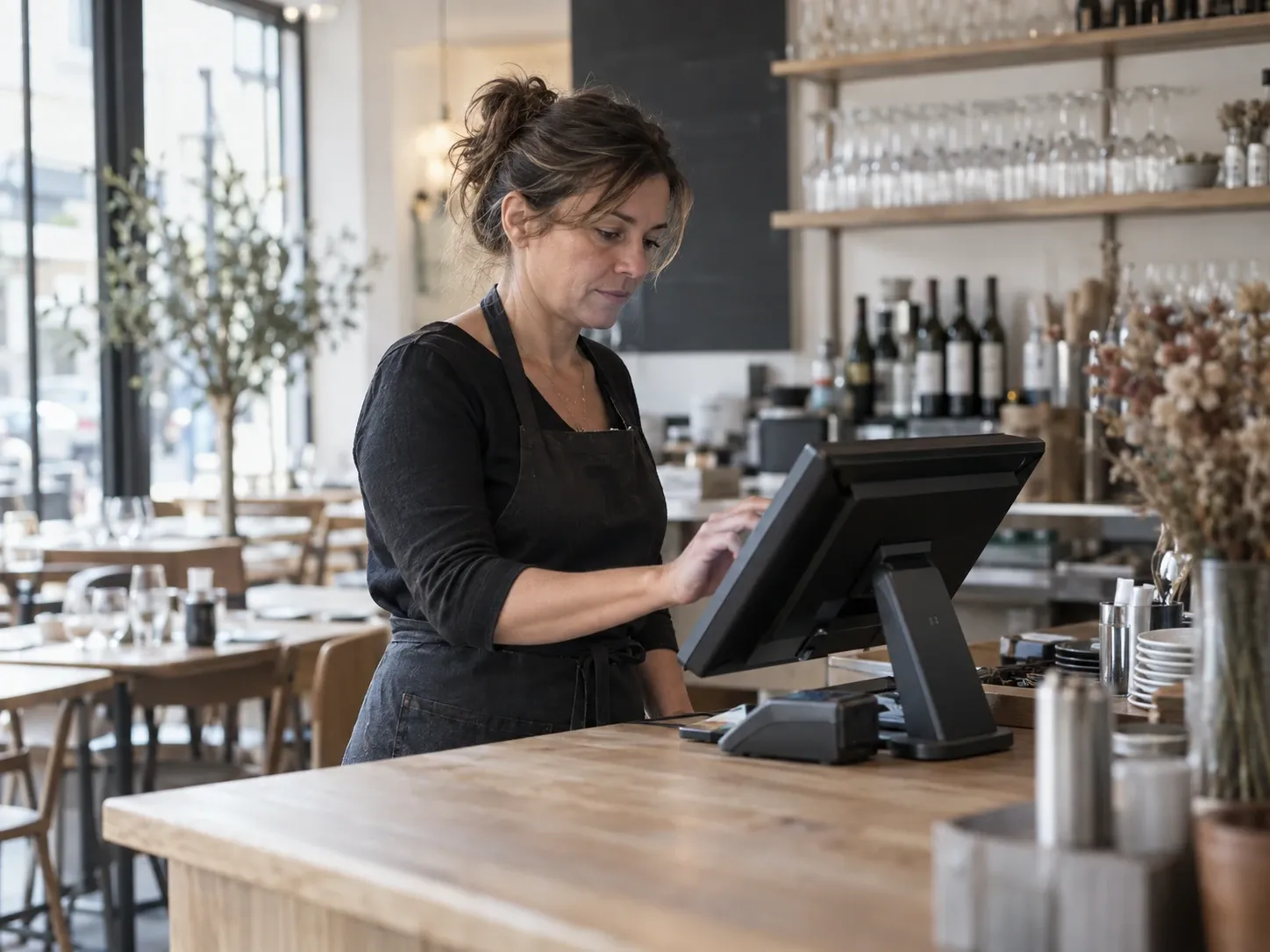 Une restauratrice, derrière le comptoir de sa brasserie, saisit une commande sur l'écran tactile de sa caisse.