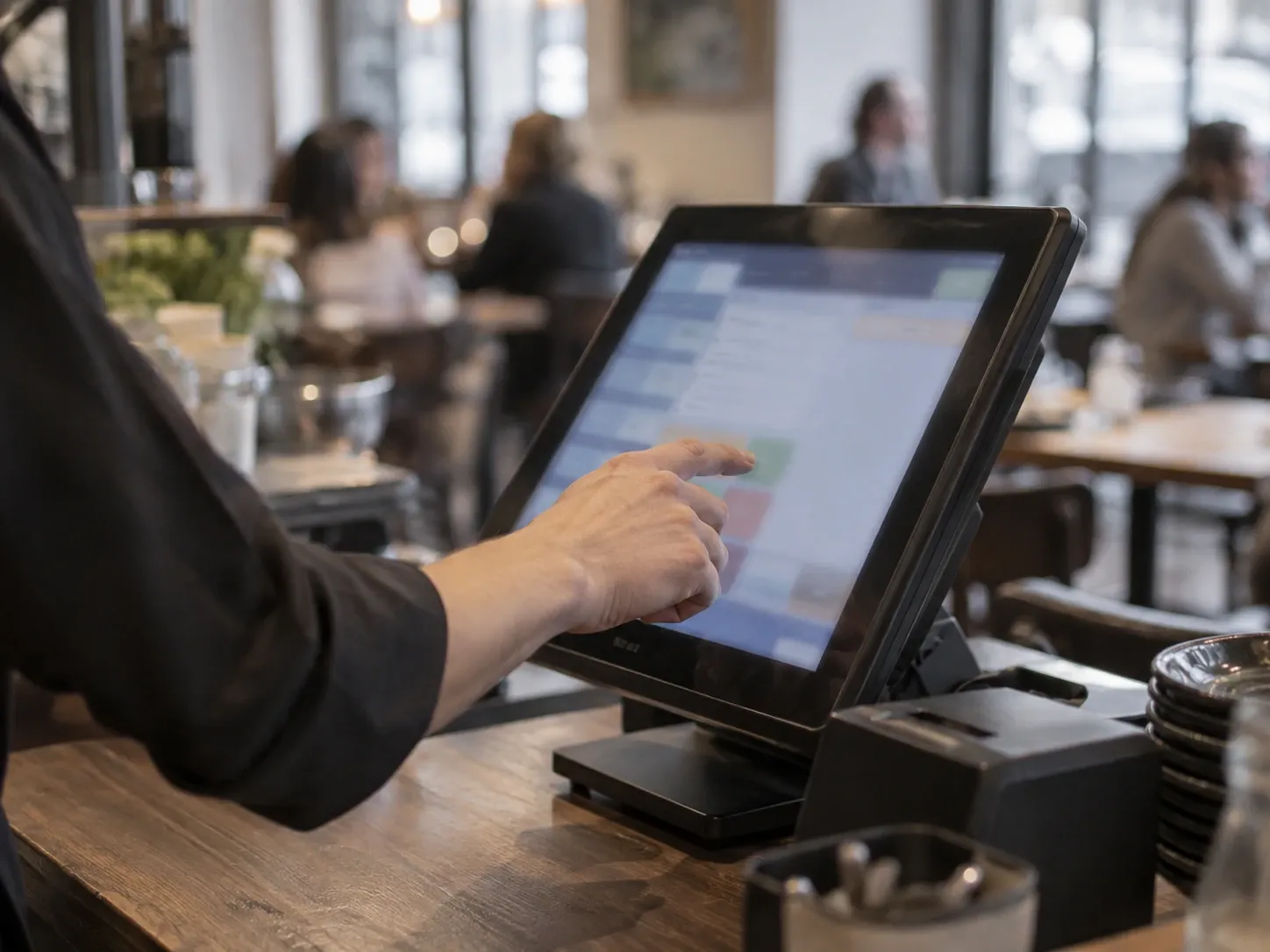Une main valide une commande sur l'écran tactile d'une caisse, posée sur le comptoir d'une brasserie.