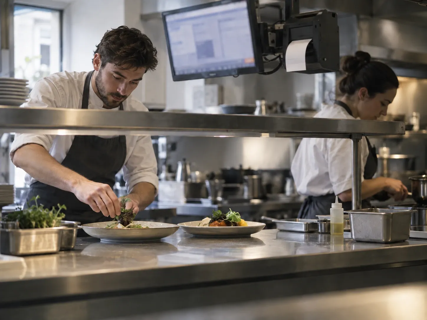 Un cuisinier dresse une assiette au passe, sous un écran de préparation et une imprimante à tickets.