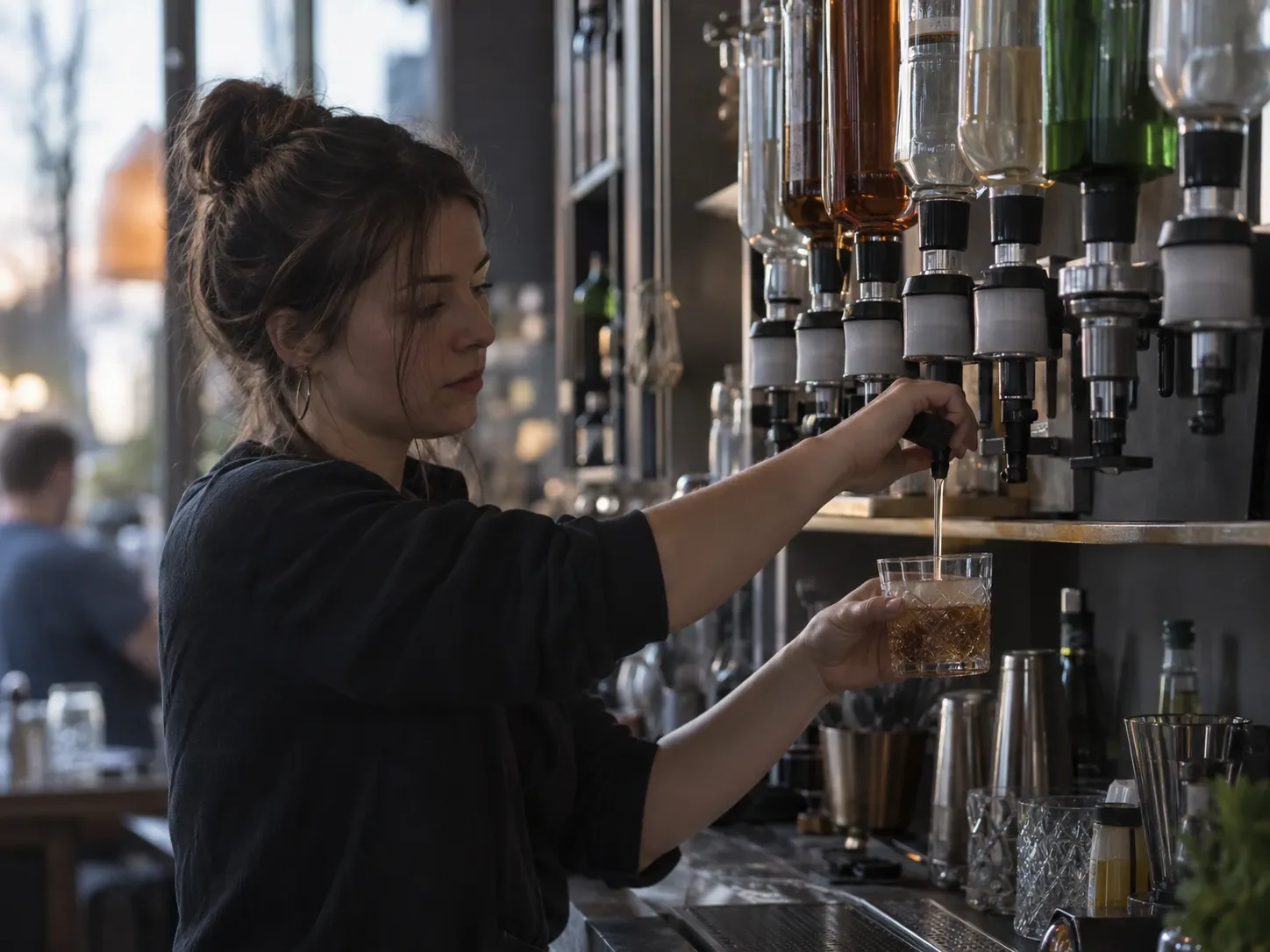 Une barmaid sert une boisson sous une rampe de doseurs professionnels fixés aux bouteilles.