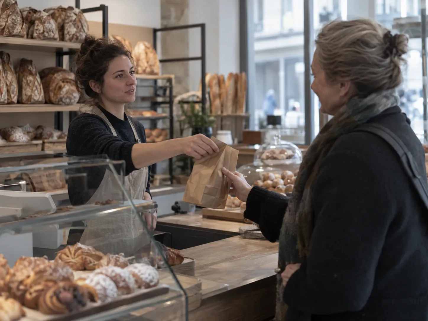 Une vendeuse tend un sac à une cliente habituée en échangeant un mot, devant la vitrine d'une boulangerie.