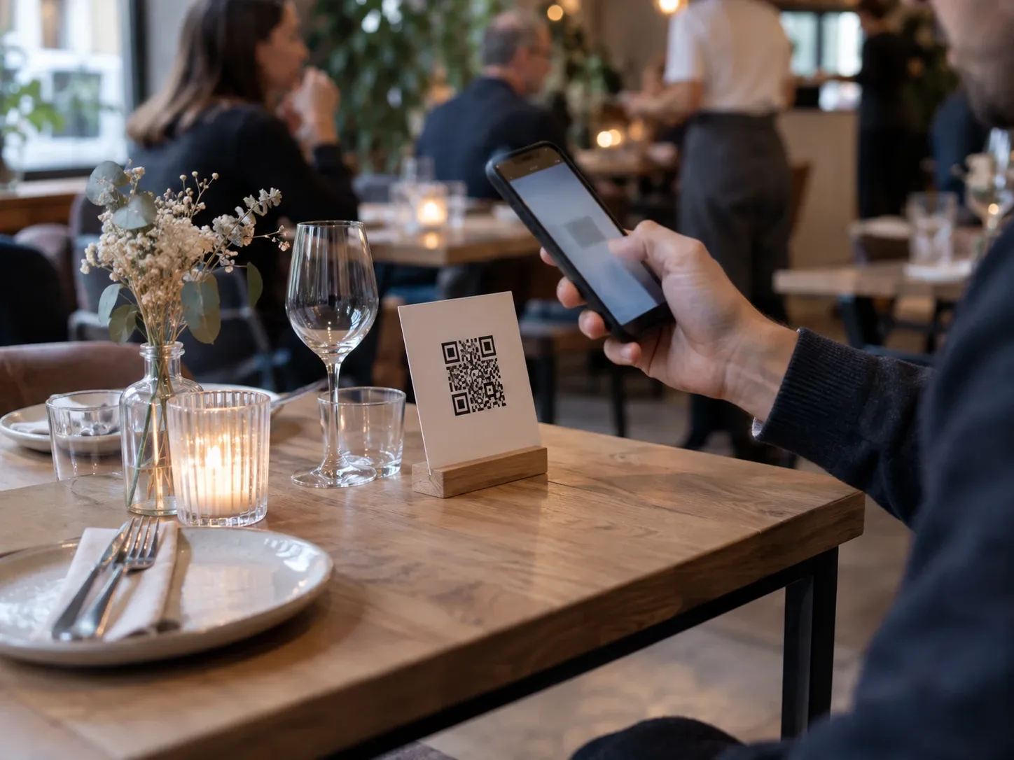 Un client scanne avec son téléphone le QR code posé sur un petit chevalet, au centre d'une table dressée.