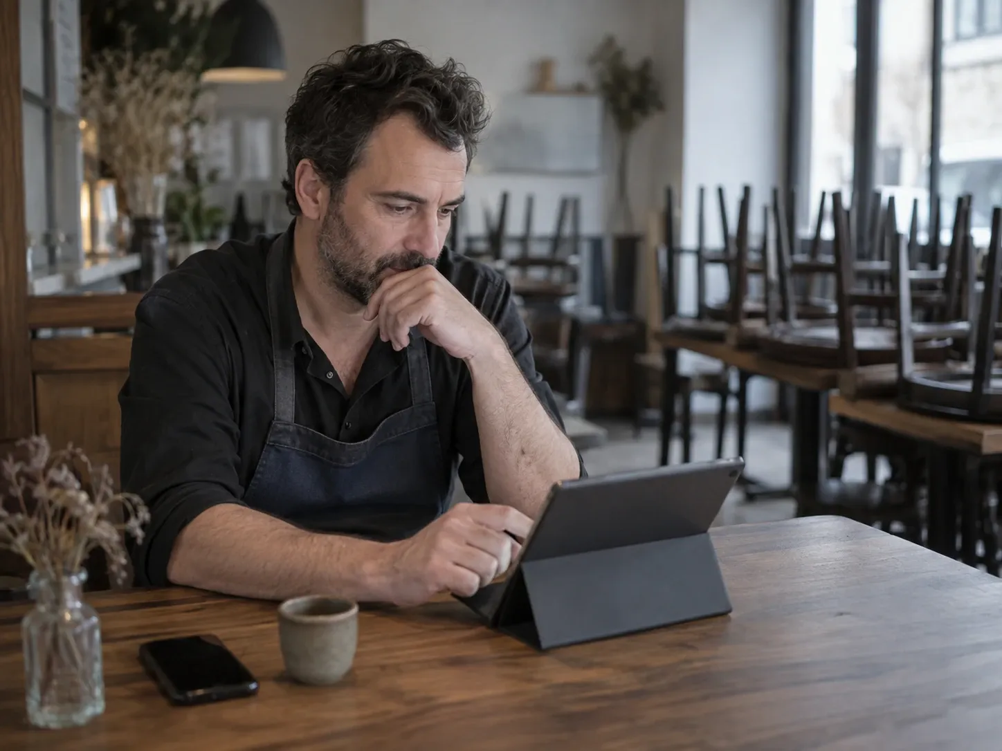 Un restaurateur consulte une tablette, attablé dans sa salle après le service, chaises retournées derrière lui.
