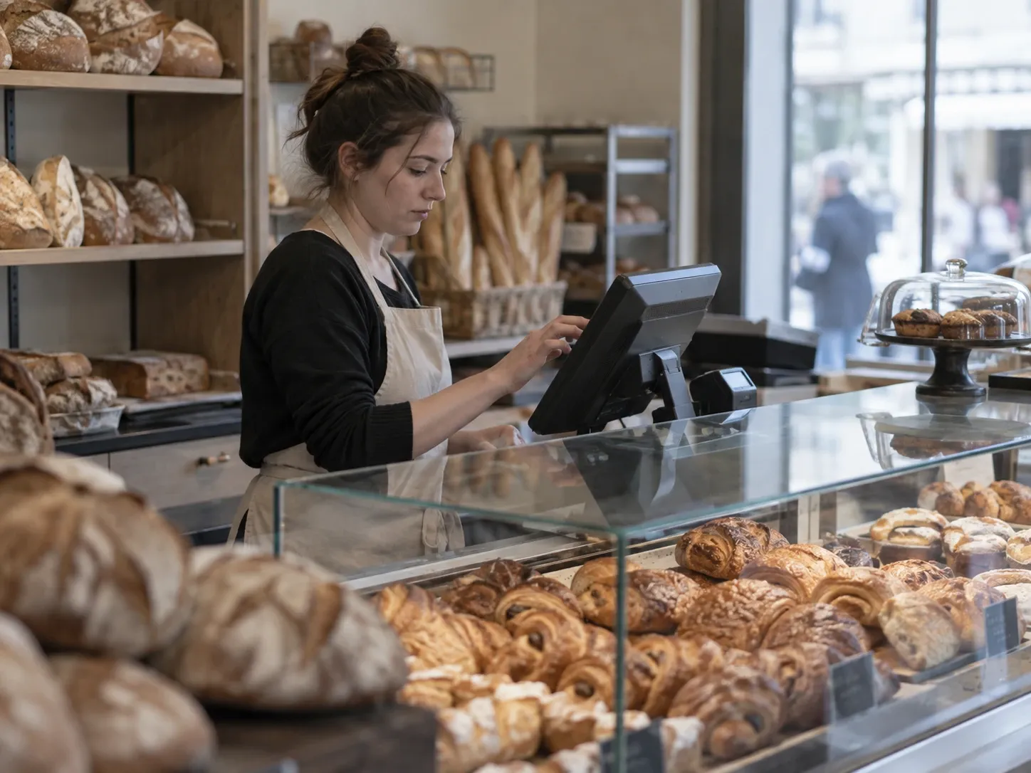 Une vendeuse encaisse derrière la vitrine à viennoiseries, devant un écran de caisse.