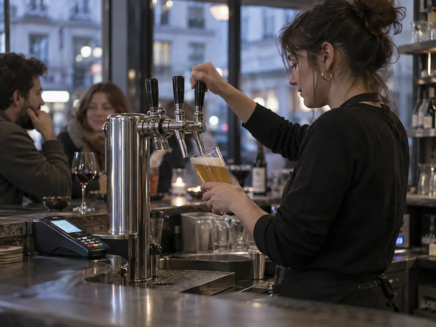 Une barmaid tire une bière au comptoir, un terminal de paiement posé sur le zinc.