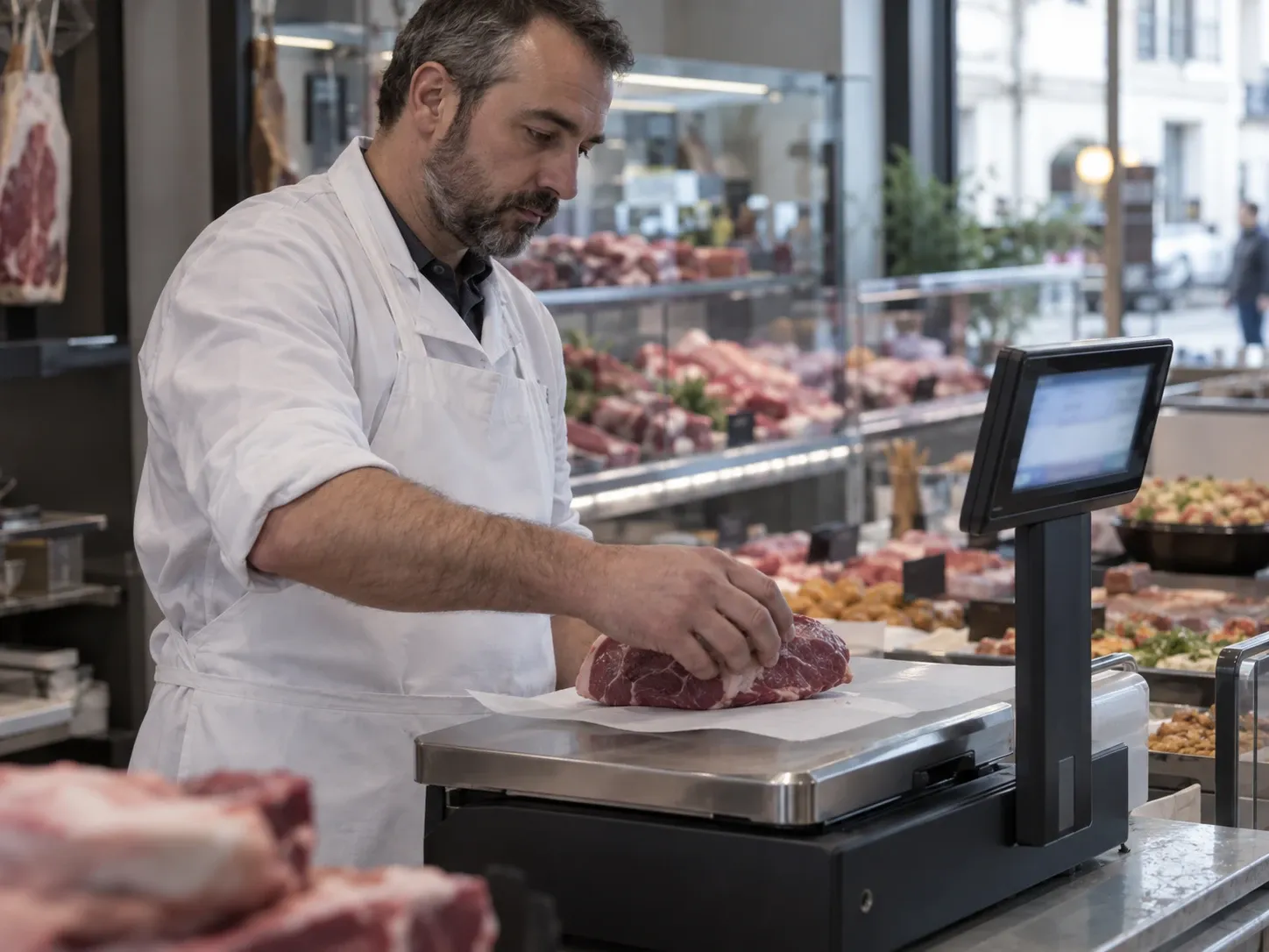 Un boucher pèse une pièce de viande sur une balance connectée, devant sa vitrine.