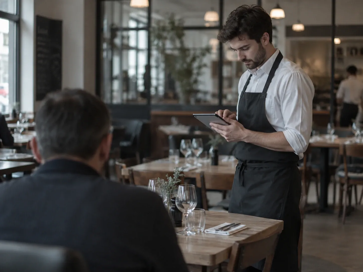 Un serveur saisit une commande sur une tablette au bord d'une table dressée, en salle.