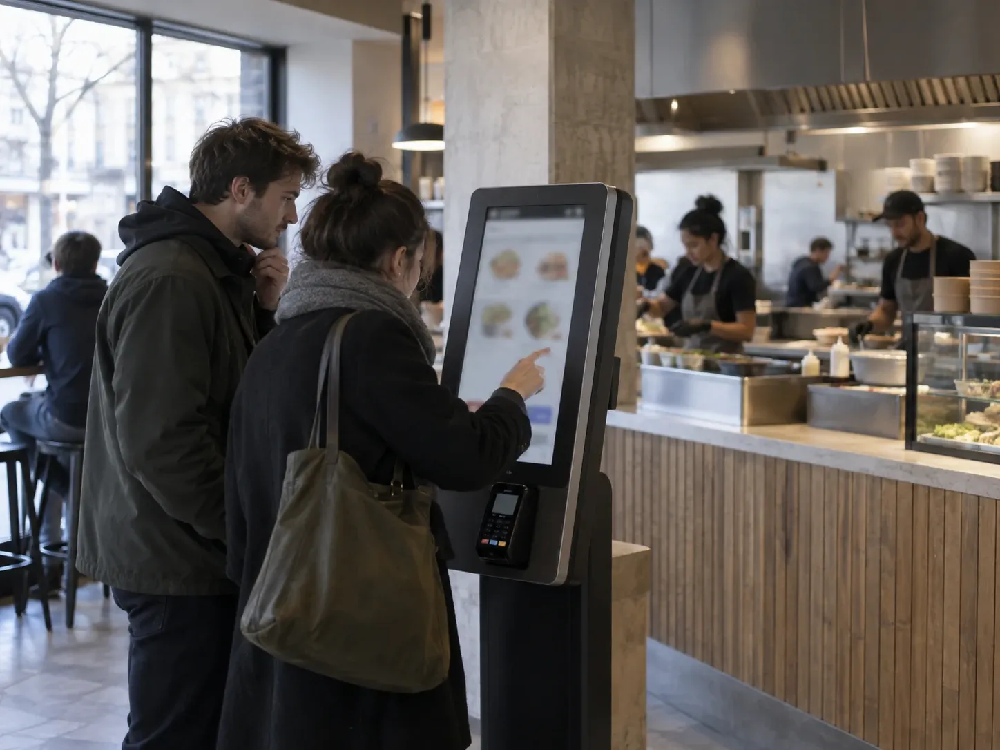 Deux clients commandent sur une borne tactile, devant une cuisine ouverte.